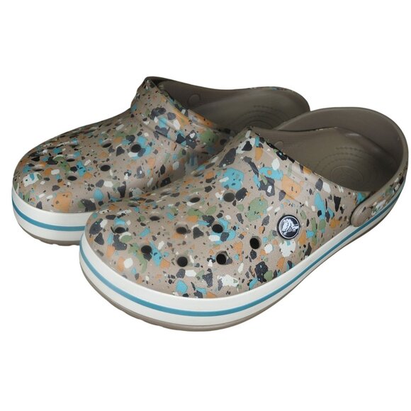 Crocs Tan Paint Splatter Slip On Clogs Sandals Men's 8 / Women's 10 - Picture 1 of 8